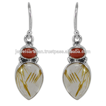 Lovely Rutilated Quartz And Coral Gemstone 925 Bijoux en Argent Sterling